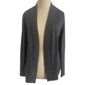 Worthington Size Petite Medium Silver Sparkle Cardigan Black Lightweight Sweater